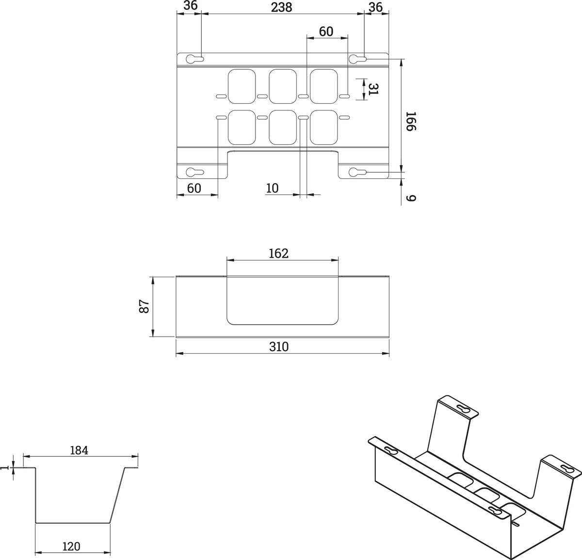 BMB Kabelwanne BOXIT V – Metall, schwarz, 310 x 120 mm, Höhe 90 mm