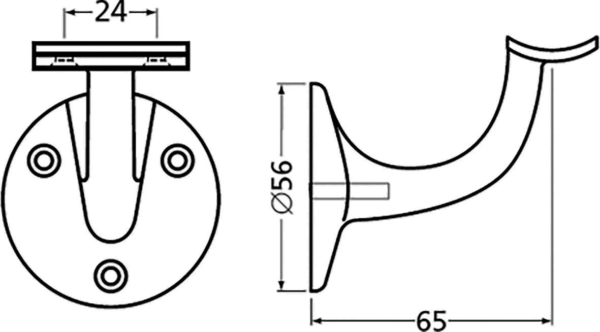 HERMETA Handlaufträger 3500 – Aluminium silber eloxiert, Wandplatte 56 mm, gewölbte Auflage