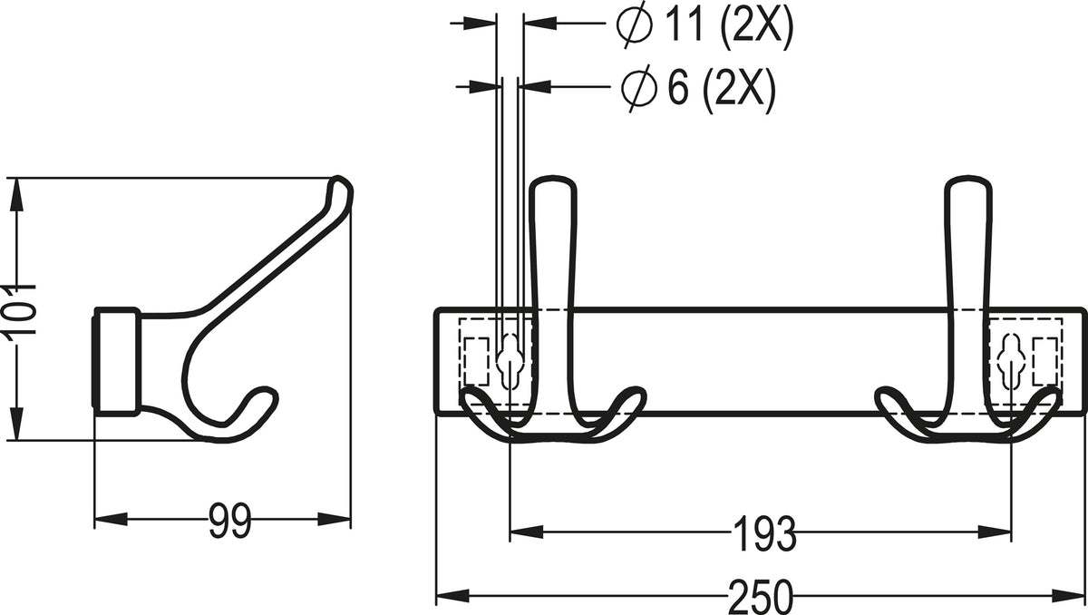 HERMETA Huthakenleiste 0822 – 2 Haken, Leichtmetall silberfarbig eloxiert, 96 mm Ausladung