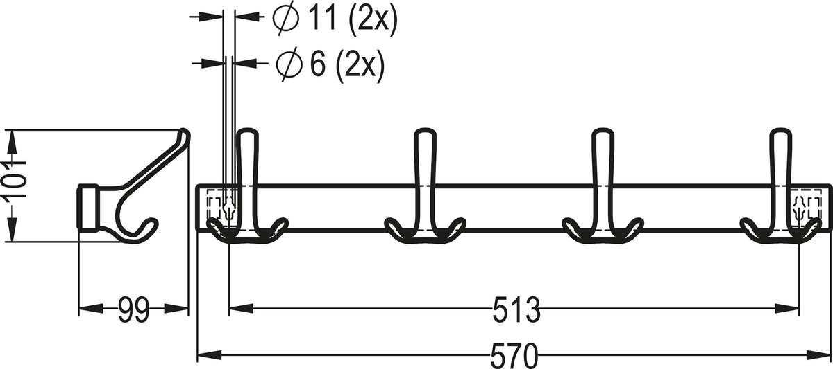 HERMETA Huthakenleiste 0822 – 2 Haken, Leichtmetall silberfarbig eloxiert, 96 mm Ausladung
