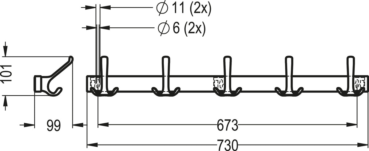 HERMETA Huthakenleiste 0822 – 2 Haken, Leichtmetall silberfarbig eloxiert, 96 mm Ausladung