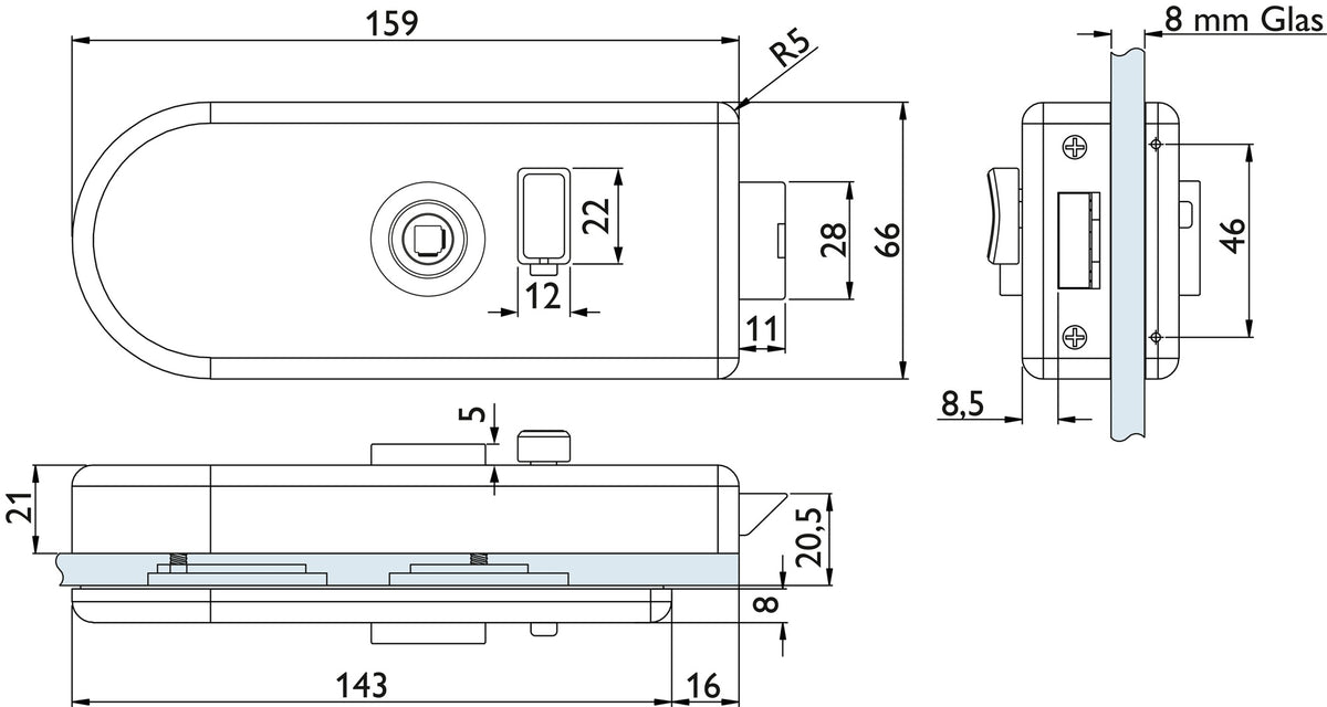 HERMAT Glastürschloss Venezia 6086F Aluminium Edelstahl matt WC Drückerposition hinten