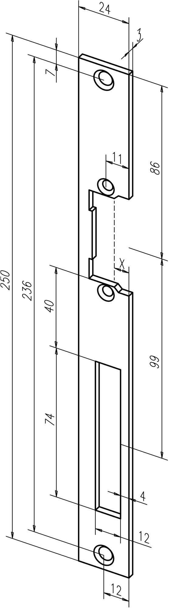 ASSA ABLOY Flachschließblech 338, Edelstahl matt, 24 x 250 mm, DIN links/rechts