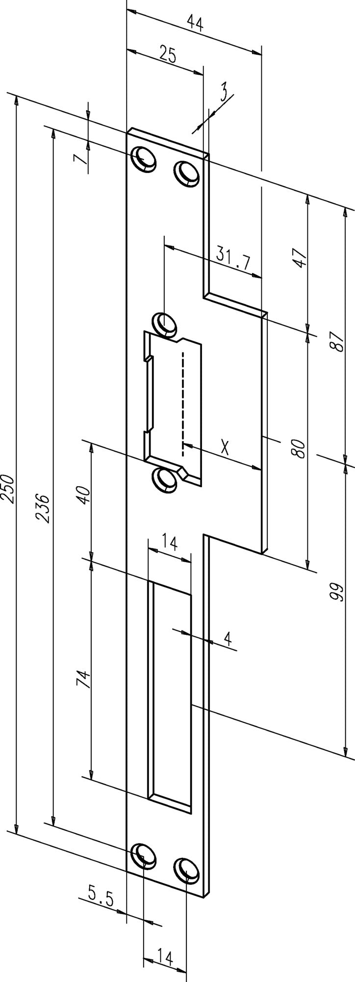 ASSA ABLOY Lappenschließblech 14C 44 x 250 mm DIN links/rechts käntig