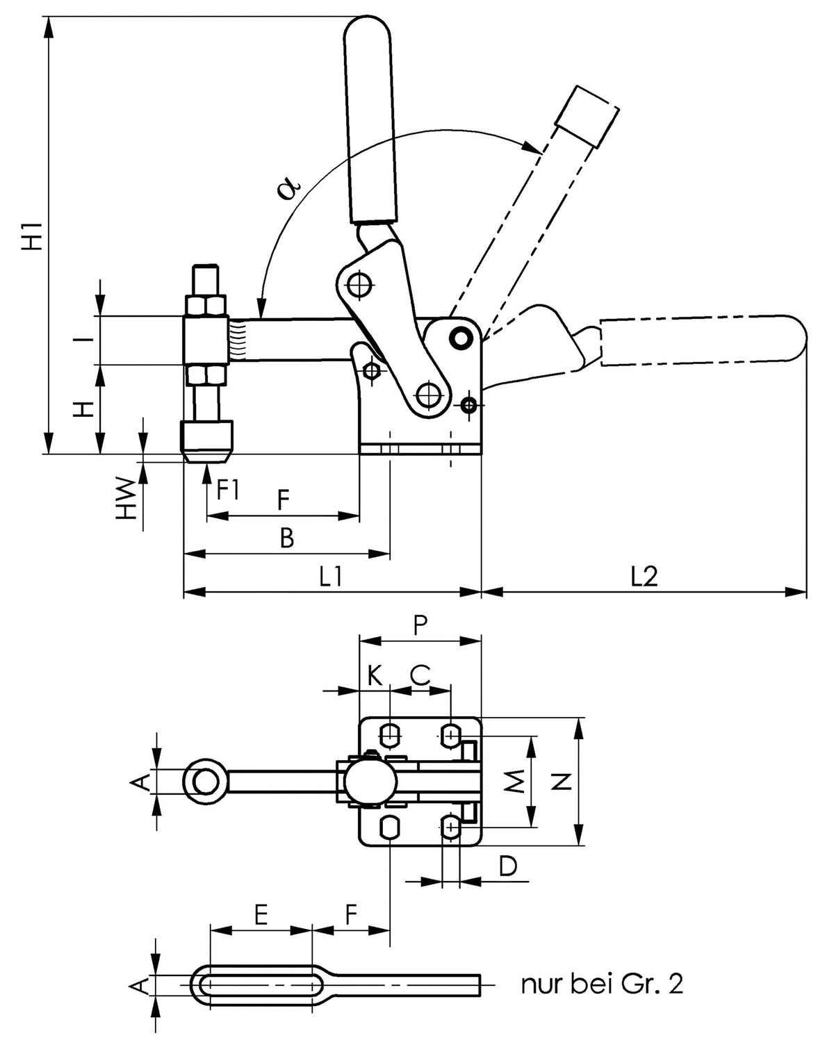 AMF Senkrechtspanner Nr. 6811P Gr. 2 mit waagrechtem Fuß, schwere Ausführung