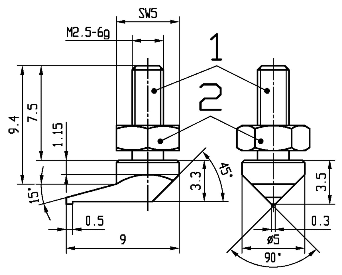 KÄFER Messeinsatz Stift 1,5 mm Ø, 30 mm Länge, M2,5 Gewinde – Passend für Messuhren