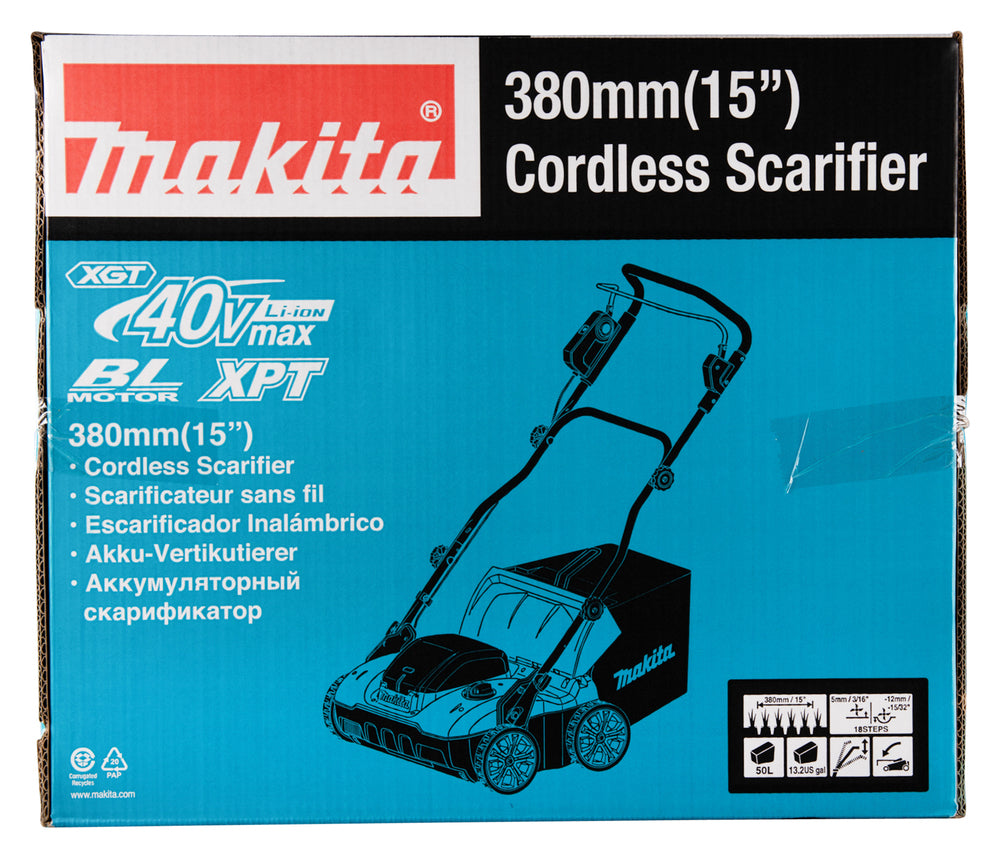 Makita Akku-Vertikutierer – 38 cm Arbeitsbreite, 50L Fangkorb & 2 Akku-Steckplätze - UV001GZ