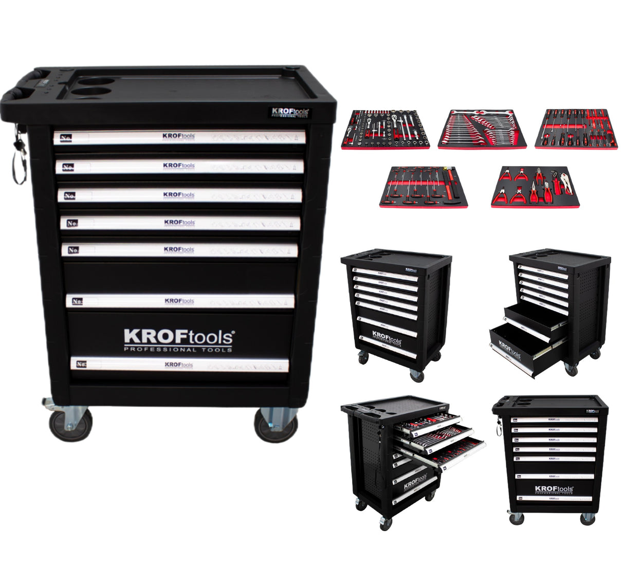 KROFtools Set Mobile Hebebühne 2500kg 90mm flach 9812 + Werkzeugwagen gefüllt, bestückt mit 160 Teile 8612