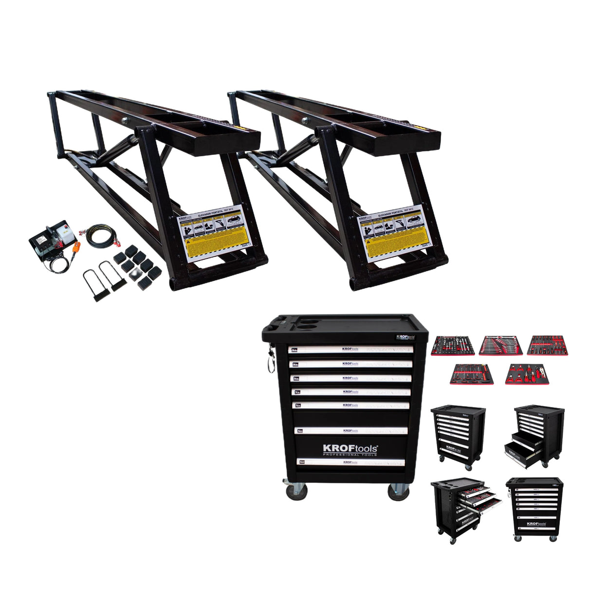 KROFtools Set Mobile Hebebühne 2500kg 90mm flach 9812 + Werkzeugwagen gefüllt, bestückt mit 160 Teile 8612