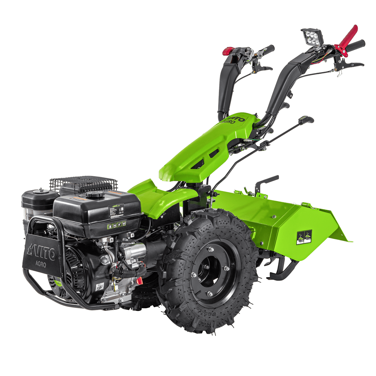 A bright green VITO petrol-powered tiller or walking tractor with a large front tire, a powerful engine, and adjustable handlebars. This type of garden and agricultural machine is available on Tools.de.
