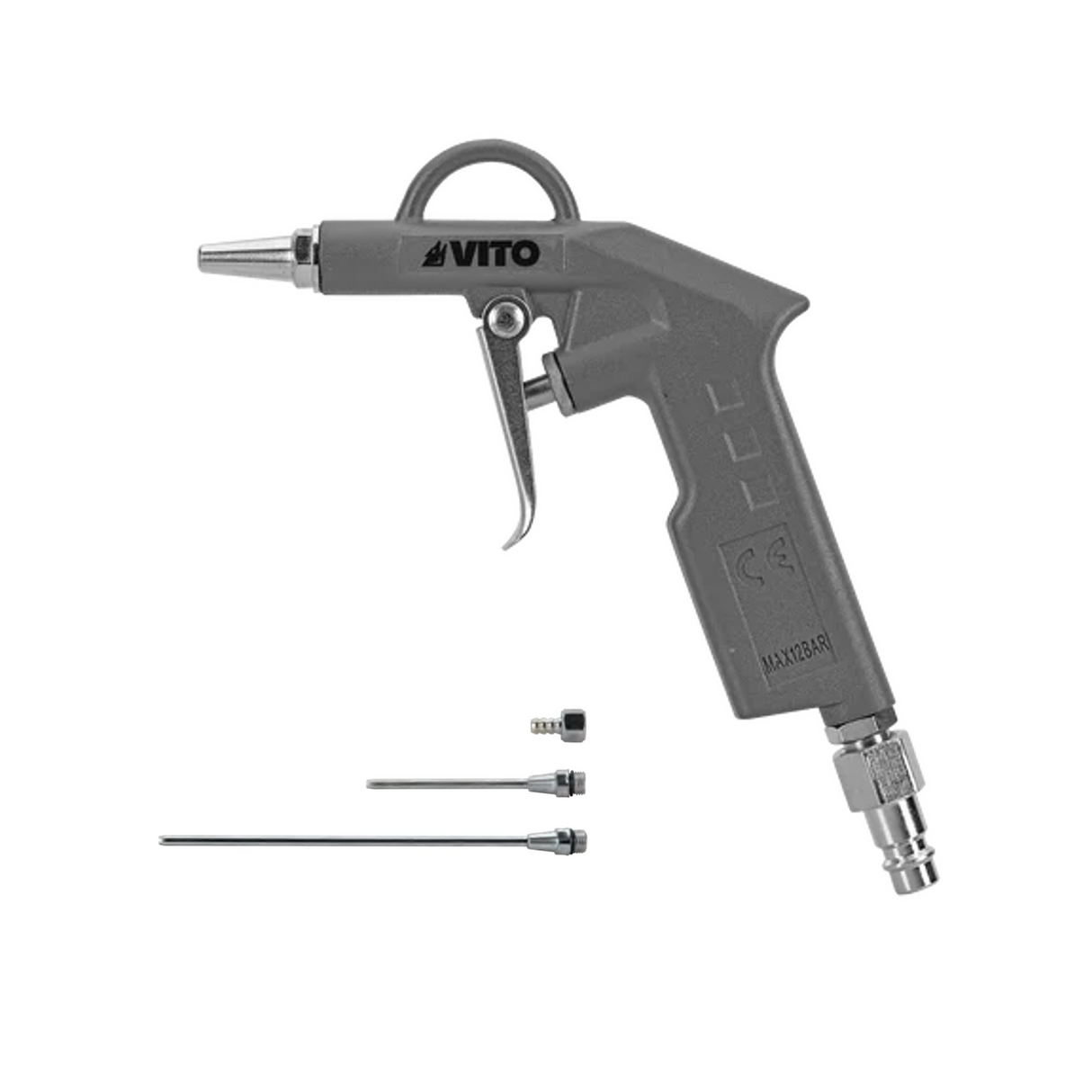 VITO Druckluft Ausblaspistole 4tlg mit kurzer Düse -Luftpistole + 3-Düsen-Satz, Max. 12 bar, 1/4" - 6 mm