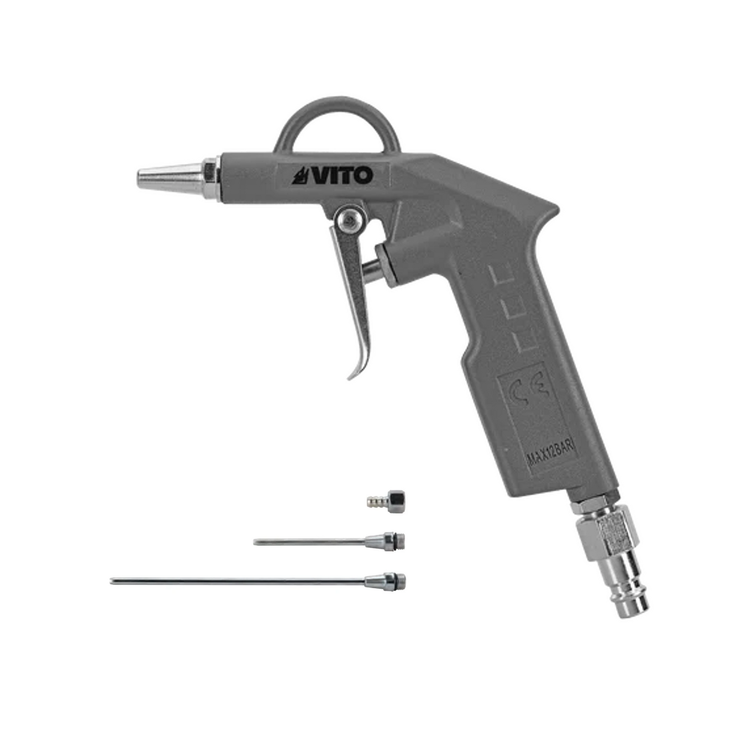 VITO Druckluft Ausblaspistole 4tlg mit kurzer Düse -Luftpistole + 3-Düsen-Satz, Max. 12 bar, 1/4" - 6 mm