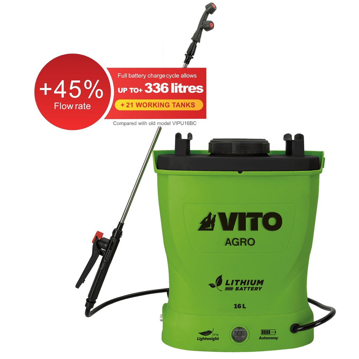 VITO Akku-Drucksprüher 16L – Akku Rückenspritze mit leistungsstarkem Lithium-Ionen-Akku & Ladegerät - VIPU16BC1