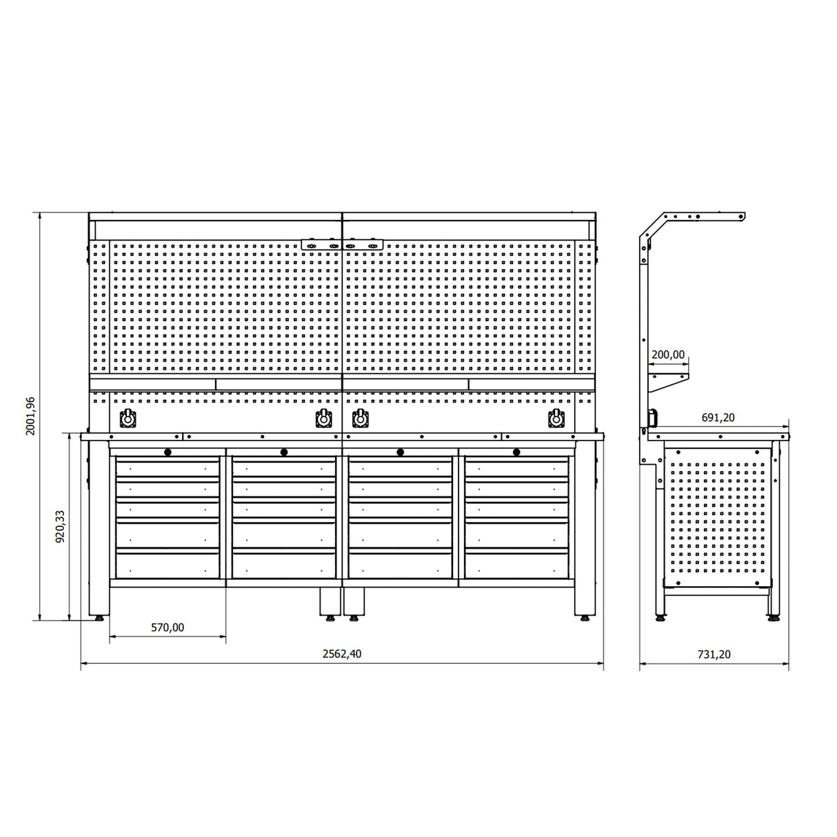 Bullram TOOLBOX4YOU Profi Werkbank mit Schubladen 2500 mm lang, 730 mm tief - WBG06