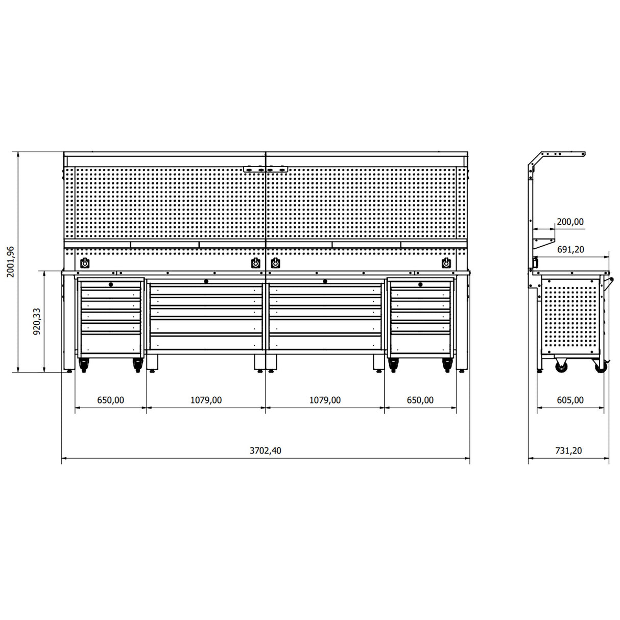 Bullram TOOLBOX4YOU Profi Werkbank mit Schubladen 3700 mm lang, 730 mm tief - WBG07