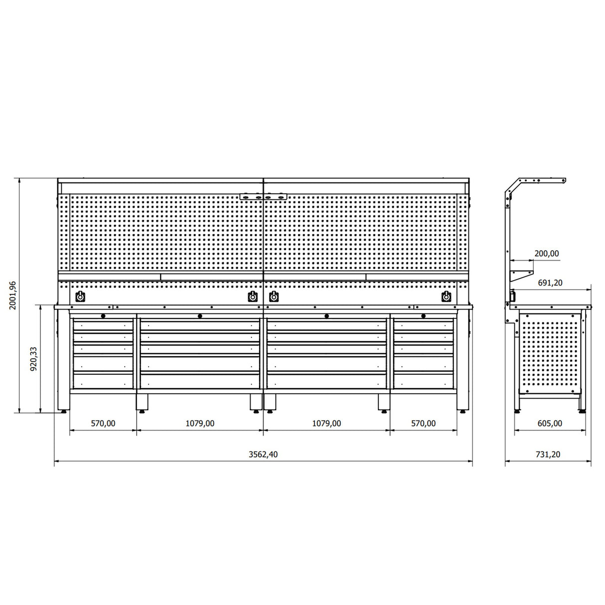 Bullram TOOLBOX4YOU WBG08 Profi Werkbank mit Schubladen 3700 mm lang, 730 mm tief - WBG08