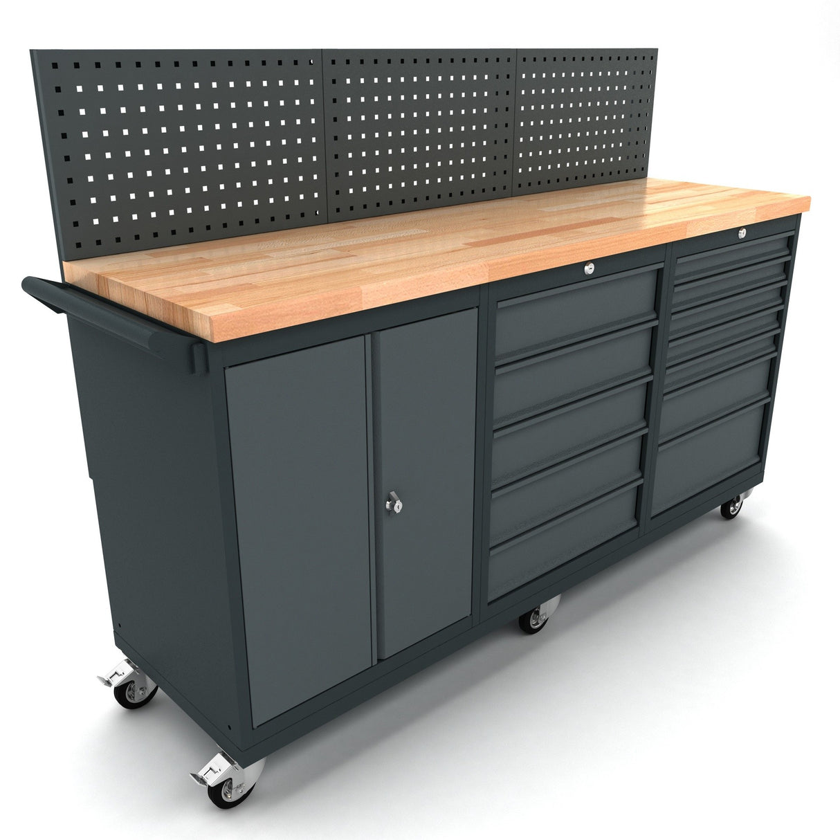 Bullram TOOLBOX4YOU Profi mobile Werkbank mit 12 Schubladen und Rückwand 186cm lang, 55cm tief - WBG186M14