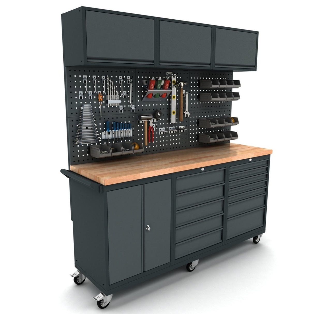 Bullram TOOLBOX4YOU Profi mobile Werkbank Schubladenschrank inkl. Rückwand und Oberschränke 186cm lang, 55cm tief - WBG186M15