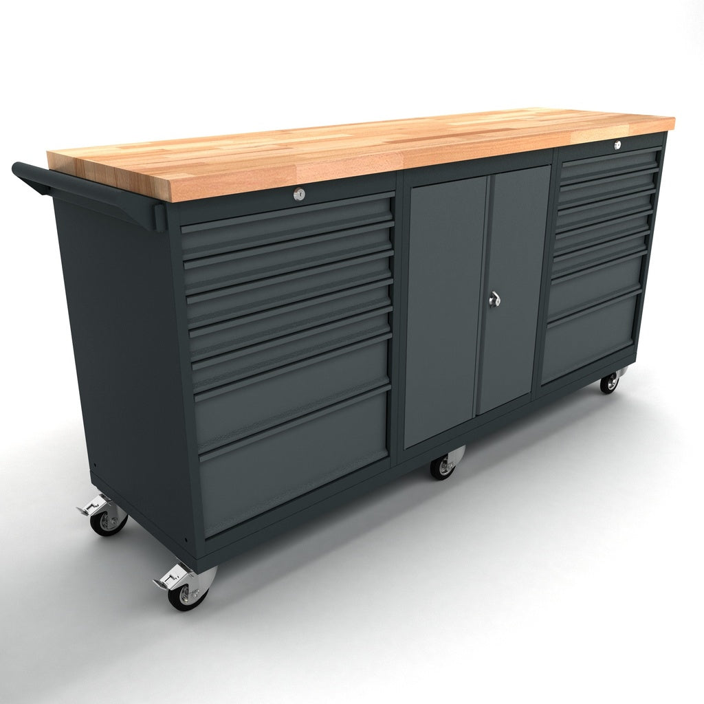 Bullram TOOLBOX4YOU 186cm Mobile Profi Werkbank fahrbar 2x 7 Schubladenschrank, 1x 2 Türenschrank, Werkbank auf Rollen - WBG186M28