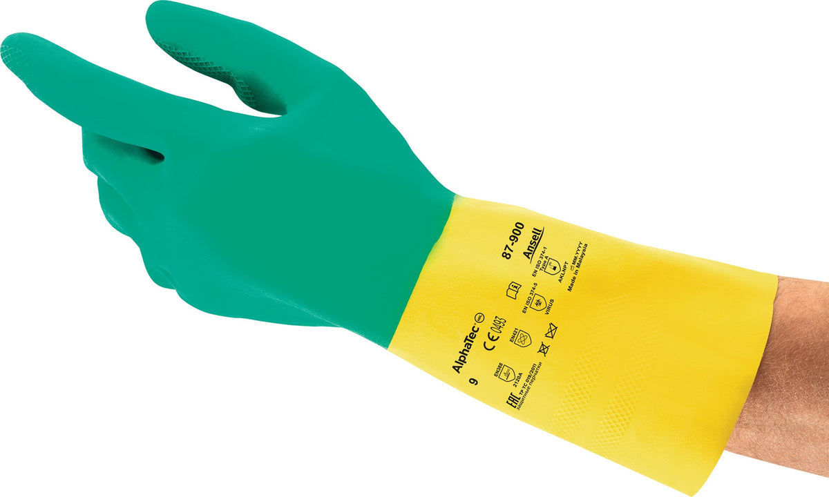 AlphaTec® 87-900 Chemikalienschutzhandschuh Gr. 7,5-8 grün/gelb EN 388, EN 374, EN 421