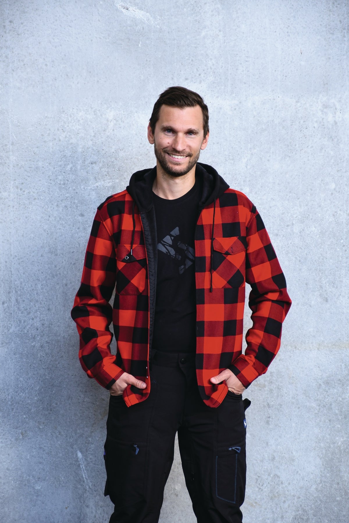 Thermojacke Glenville rot/schwarz-kariert von SCHEIBLER – Warm gefüttert mit Kapuze