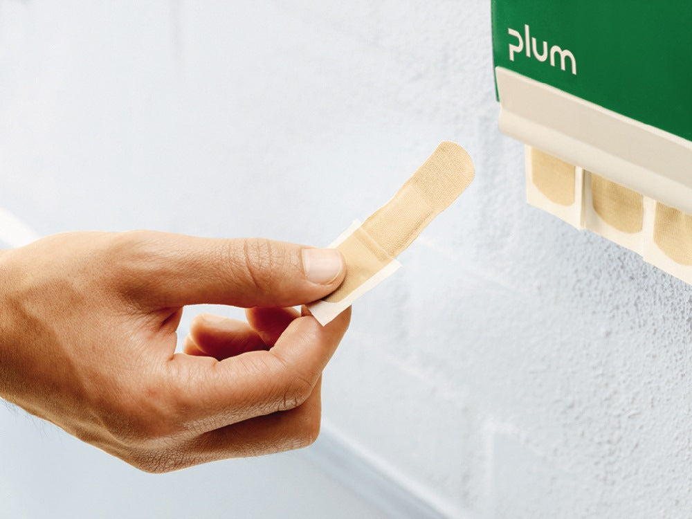 PLUM Pflasterspender QuickFix 1 – 90 wasserfeste Pflasterstrips, Diebstahlschutz, grün