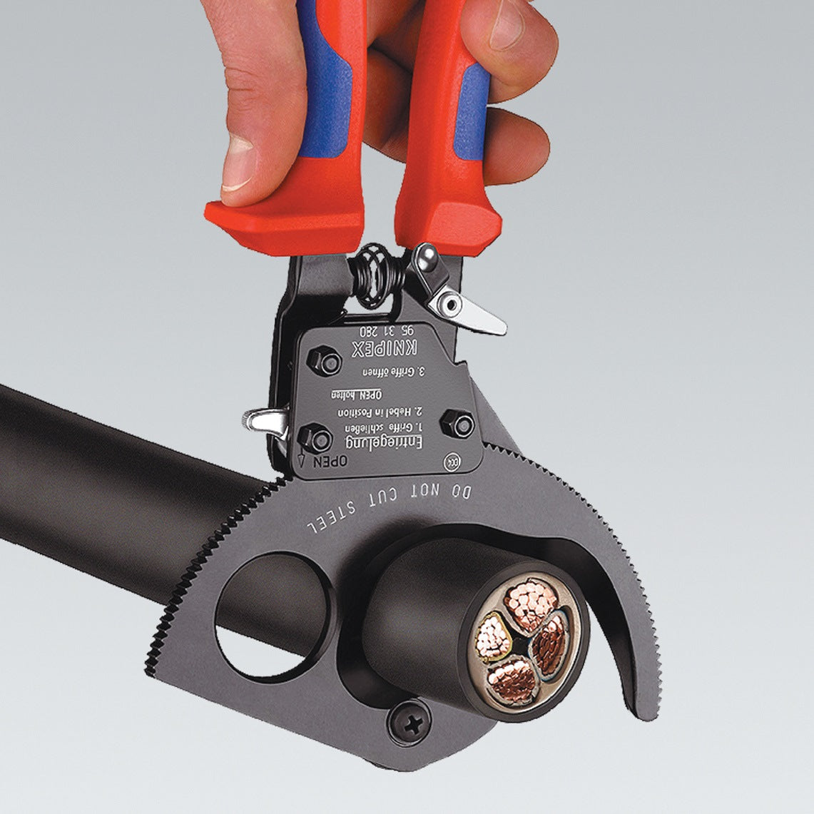 KNIPEX Kabelschneider 250 mm für Cu- und Al-Kabel bis 32 mm – Einhand-Ratschenprinzip