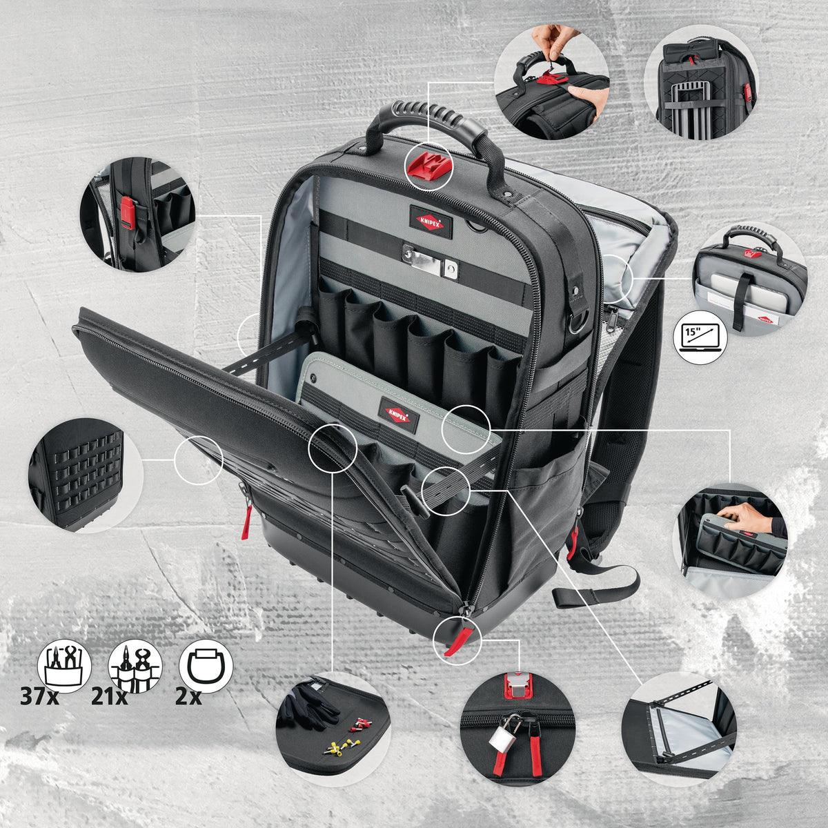 KNIPEX Werkzeugrucksack Modular X18 – 21 Haltelaschen, 37 Taschen, 15 kg Tragfähigkeit, Recycling-Nylon