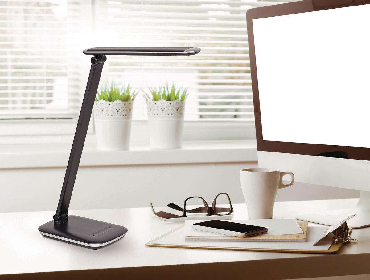MAUL Schreibtischleuchte LED mit USB-Anschluss, Standfuß, Aluminium/Kunststoff, 425 mm, dimmbar