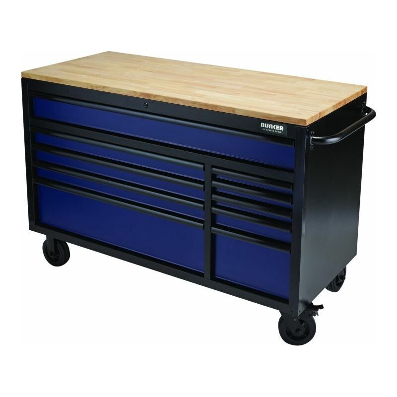 BUNKER Profi Werkbank 56 Zoll, 155 cm - Blau - Werkbank mit Schubladen - 10 - Werkbank mit Rollen - D08237