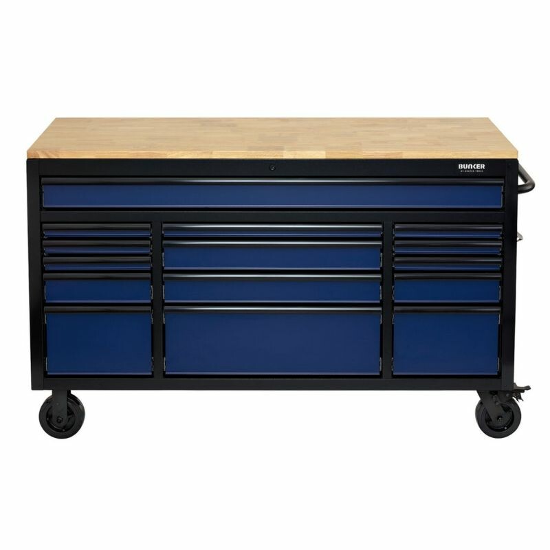 BUNKER Profi Werkbank mit Rollen 61 Zoll, 155 cm - Blau - Werkbank mit Schubladen - 15 Schubladen - D10747