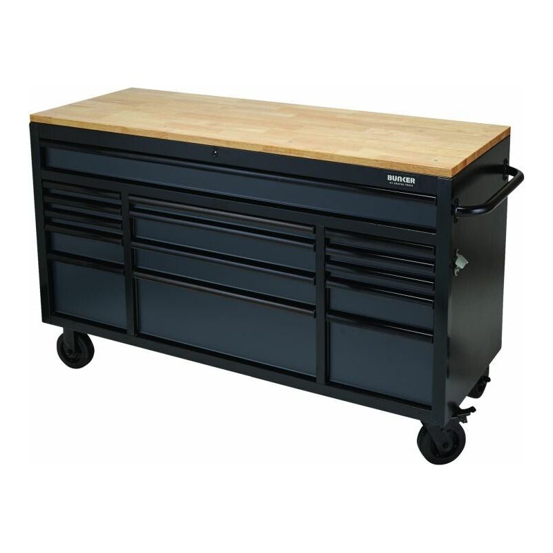 BUNKER Profi Werkbank 61 Zoll (155 cm) Grau - Werkbank mit Rollen - Werkbank mit Schubladen 15 - D08238