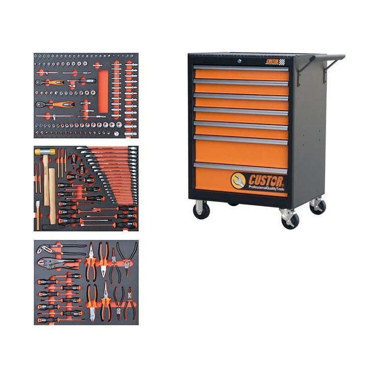 CUSTOR Profi Werkstattwagen bestückt, Werkstattwagen gefüllt COMPACT Werkstattwagen mit Werkzeug bestückt - 180tlg