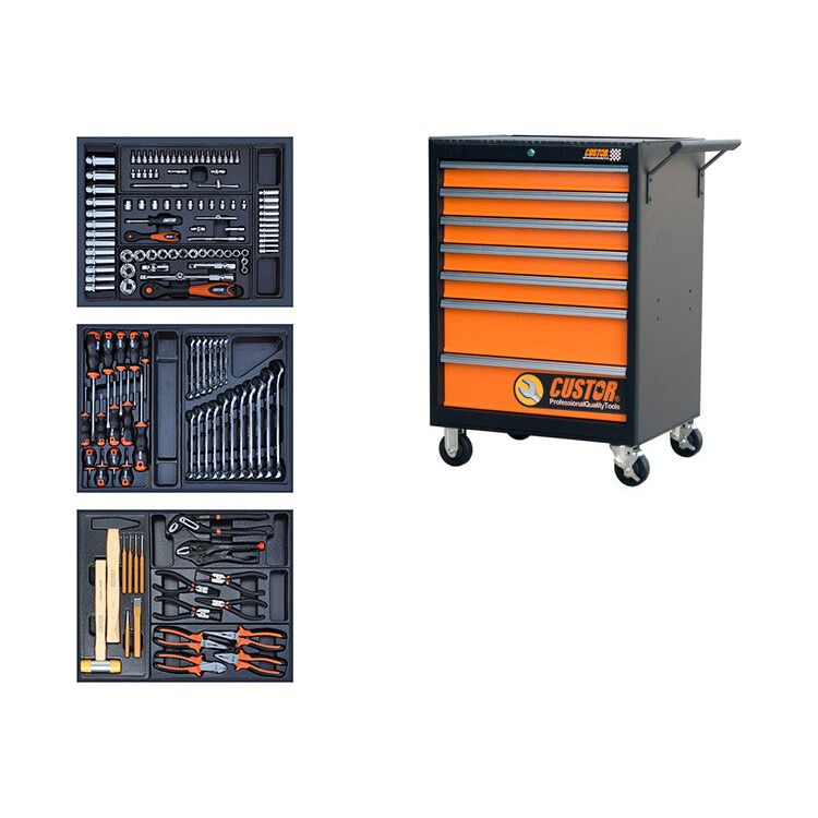 CUSTOR Profi Werkstattwagen bestückt, Werkstattwagen gefüllt COMPACT Werkstattwagen mit Werkzeug bestückt - 142tlg