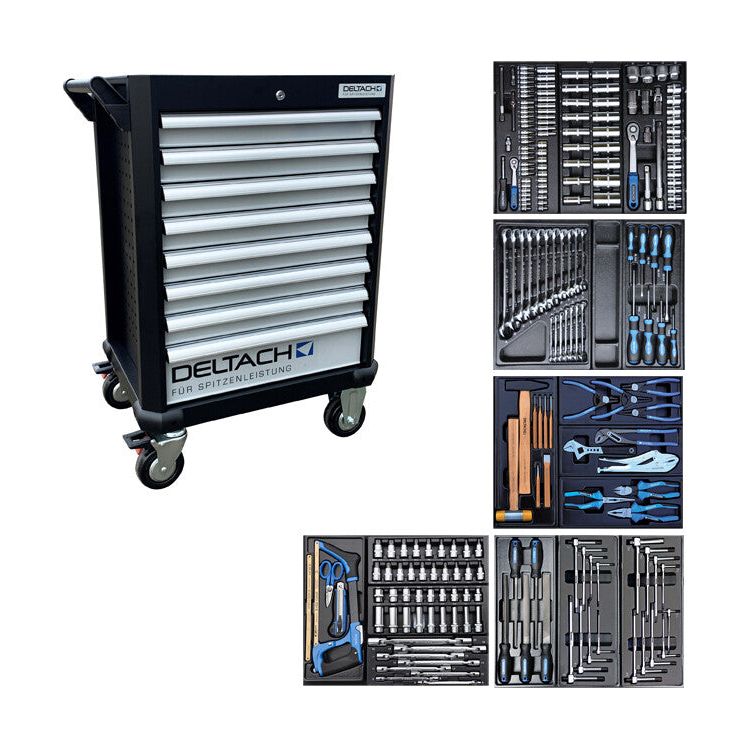 DELTACH Profi Werkstattwagen bestückt, Werkstattwagen mit Werkzeug bestückt, 214tlg gefüllt D2-COMPACT - D524150