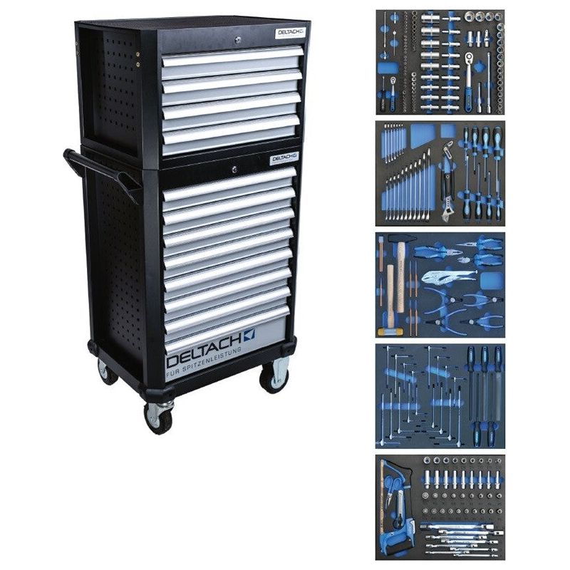 Deltach Werkzeugwagen D2-COMPACT + Topcase, 5 Schubladen gefüllt mit FOAM, 214tlg 524254