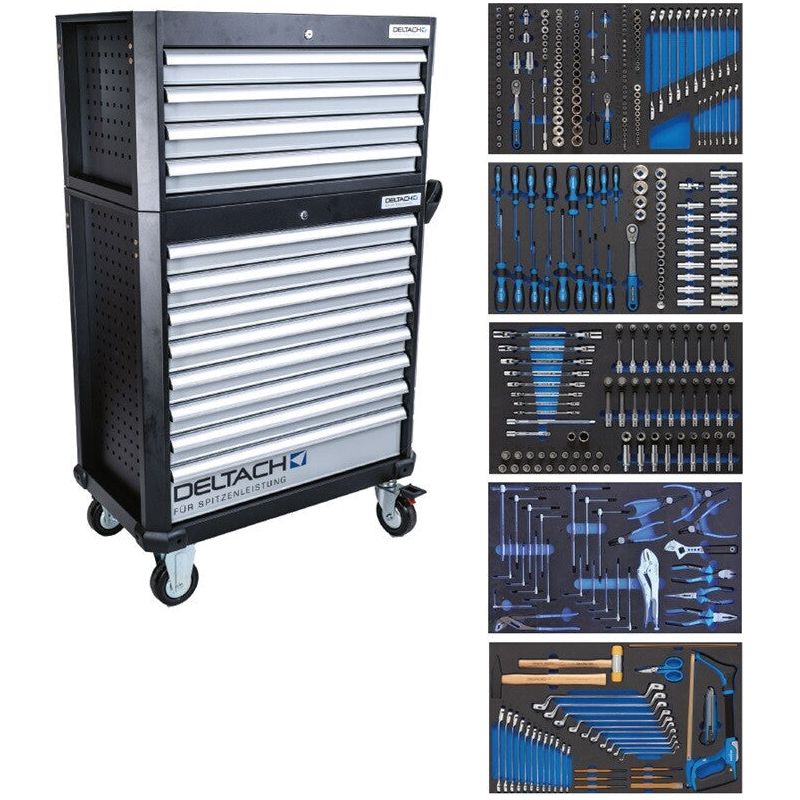 Deltach Werkzeugwagen D2-XL + Topcase, 5 Schubladen gefüllt mit FOAM, 350tlg 525254