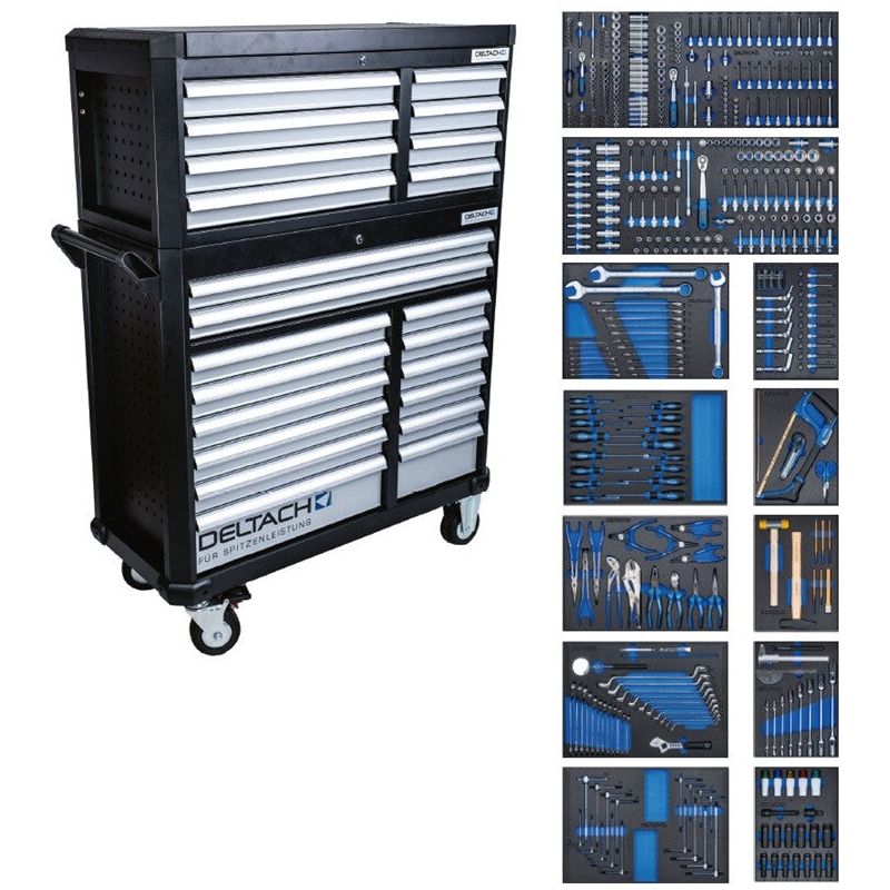 Deltach Werkzeugwagen D2-XXL + Topcase, 12 Schubladen gefüllt mit FOAM, 475tlg 527354