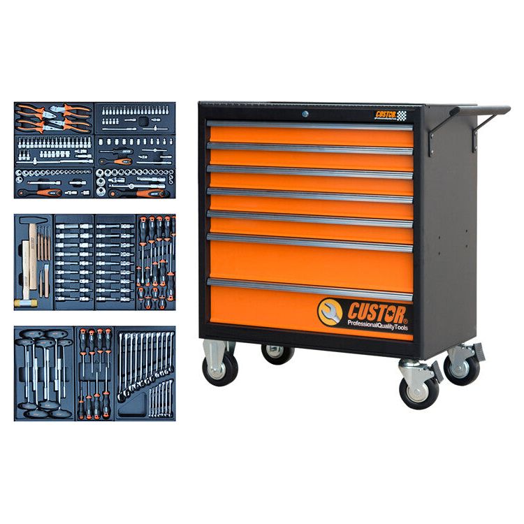CUSTOR Profi Werkstattwagen bestückt, Werkstattwagen gefüllt KING SIZE Werkstattwagen mit Werkzeug bestückt - 218tlg