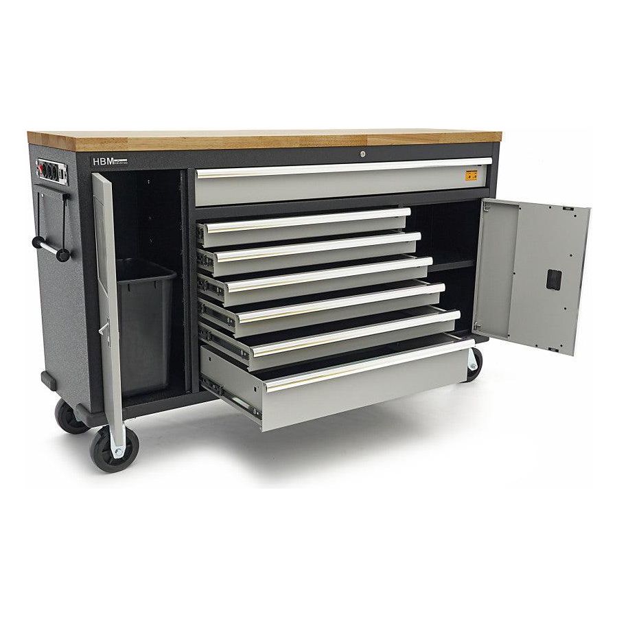 HBM Profi Werkzeugwagen mit Massivholzarbeitsplatte - 168 cm - Schwarz/Grau - H130176 - Tools.de TP Profishop GmbH