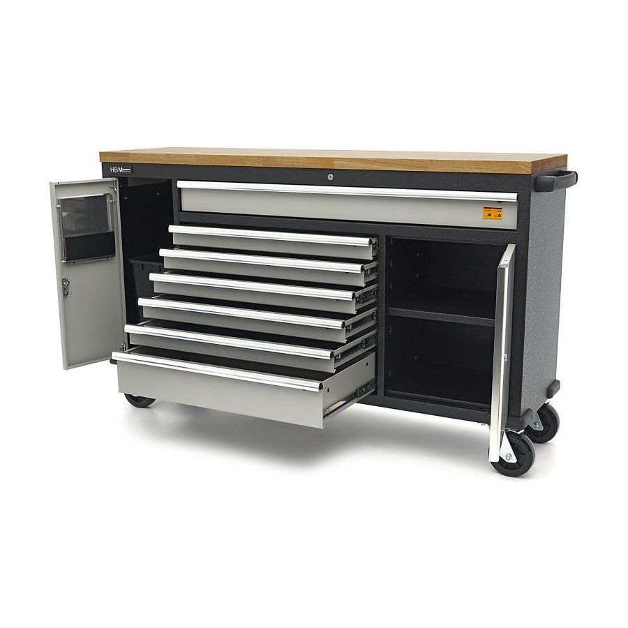 HBM Profi Werkzeugwagen mit Massivholzarbeitsplatte - 168 cm - Schwarz/Grau - H130176 - Tools.de TP Profishop GmbH