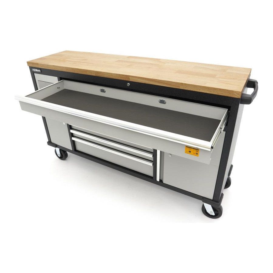 HBM Profi Werkzeugwagen mit Massivholzarbeitsplatte - 168 cm - Schwarz/Grau - H130176 - Tools.de TP Profishop GmbH