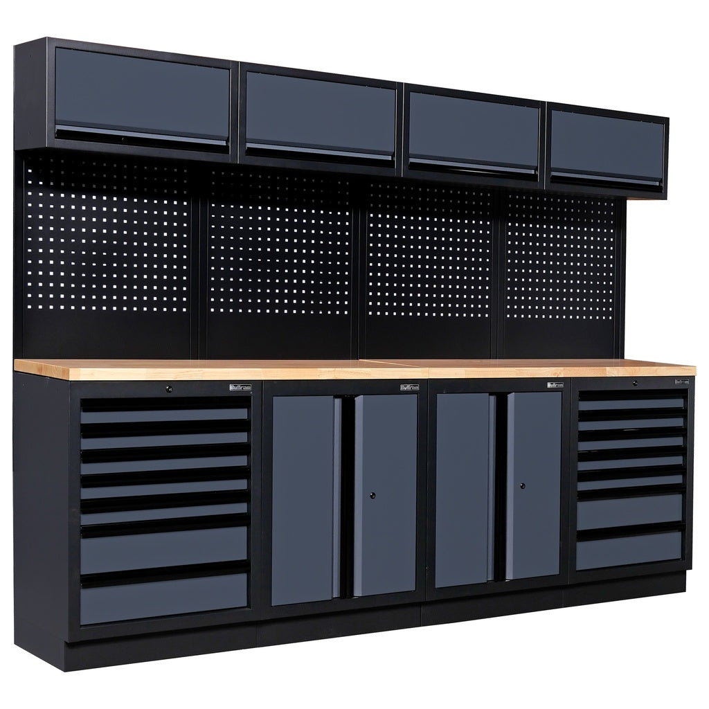A modular workshop workbench from Bullram Werkstatteinrichtung, featuring a solid wooden worktop, dark grey cabinets and drawers for storage, a black perforated pegboard, and four matching overhead cabinets. This type of workshop furniture is available on Tools.de.