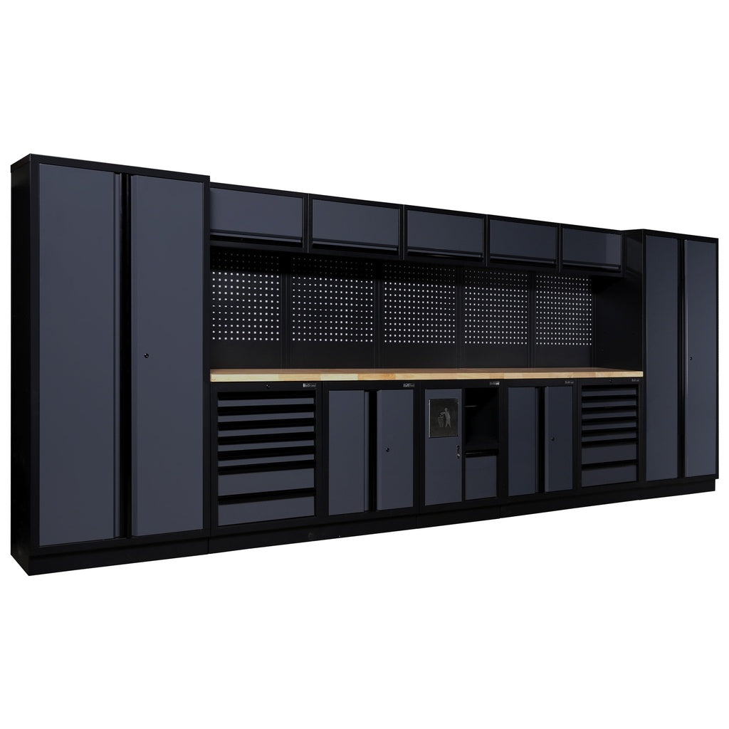 Tools.de professional workshop cabinet system with storage cupboards, tool drawers, pegboards, and workbench for garage organization.