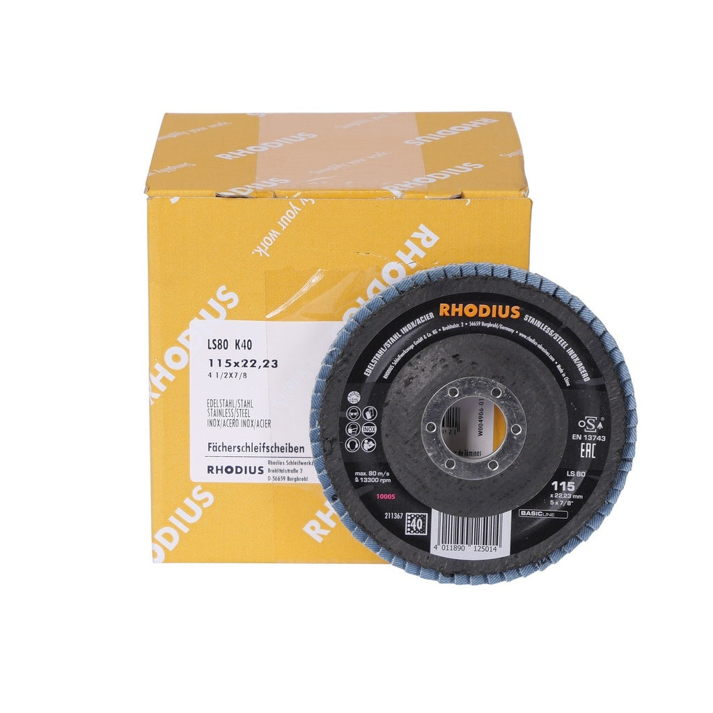 Rhodius Lamellenschleifscheibe V Konisch LS80 115 x 22,23mm K40 10 Stück - 211367