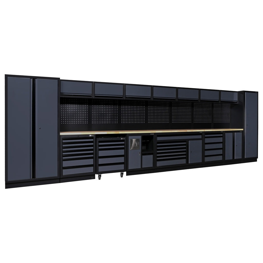 "
A modern, spacious workshop storage system featuring a long, black workbench with a wooden top, equipped with multiple drawers, cabinets, and perforated back panels for tool organization. The unit includes sliding doors and wheels for mobility."