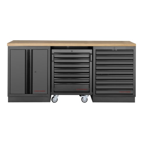 KRAFTWERK MOBILIO – 3er Unterschrank-Kombi mit Buche-Arbeitsplatte & 16 Schubladen - KW-3964K-BLK-26