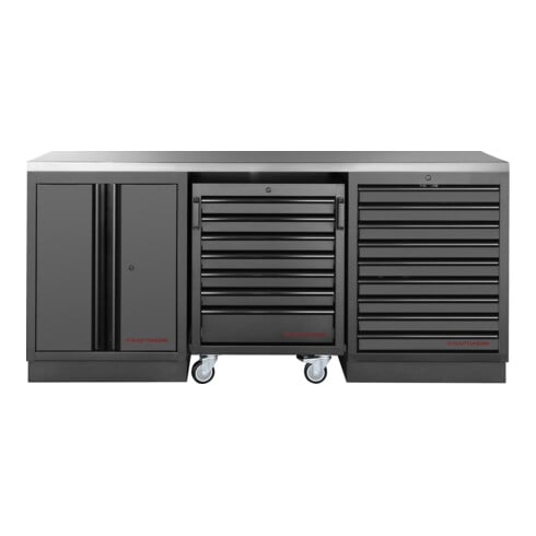 KRAFTWERK MOBILIO BLK 3er Kombi – 16 Schubladen, Doppeltürenschrank & Edelstahlplatte für maximale Organisation - KW-3964K-BLK-26-IX