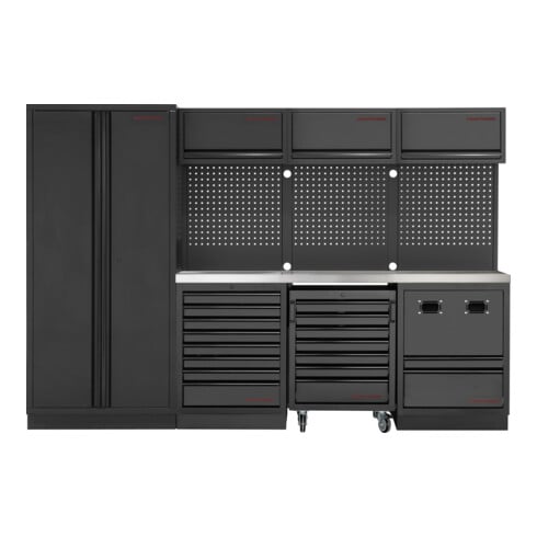 KRAFTWERK MOBILIO BLK 4er Komplett-Kombi – Edelstahl-Werkbank mit Hochschrank, Werkzeug-Lochwand & One-Key-System - KW-3964K-BLK-IX