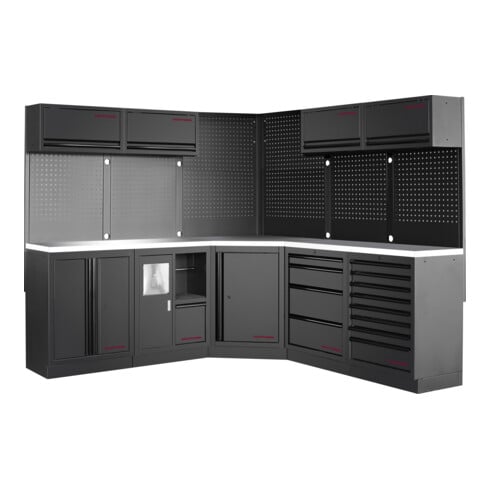 KRAFTWERK MOBILIO BLK 5er Eck-Kombi KW-3964O-BLK-IX – Edelstahl-Werkstattlösung mit 13 Schubladen & 6 Schränken für maximale Ordnung - KW-3964O-BLK-IX